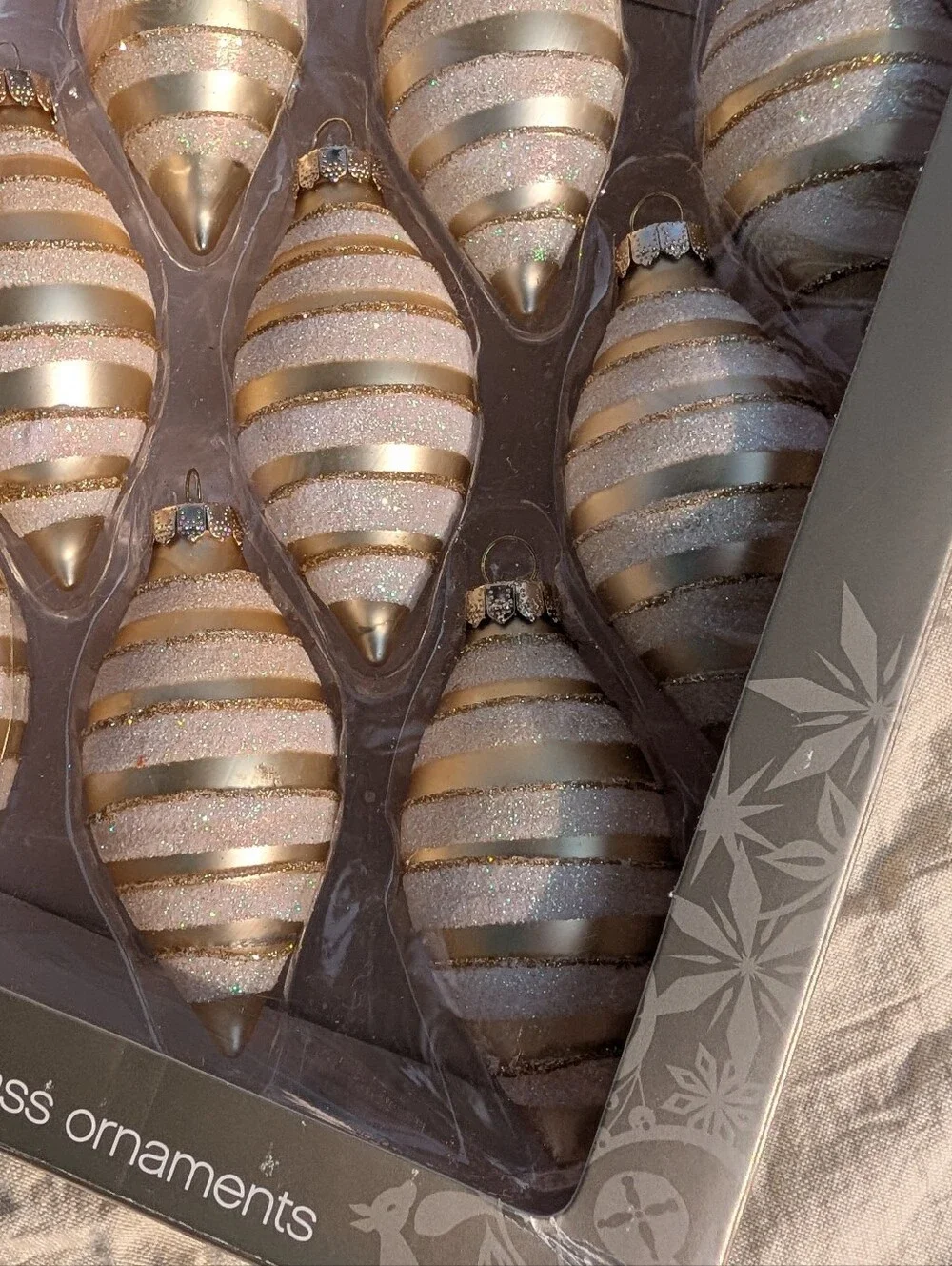 Vintage Box 9 Pc CHRISTMAS ORNAMENTS Satin GLITTER STRIPE Cream & Gold Teardrop
